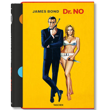 James Bond book cover featuring a man in a suit and a woman in a bikini on a yellow background.